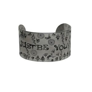 Handmade stamped Motivational “Just be You” floral adjustable wide Cuff Bracelet
